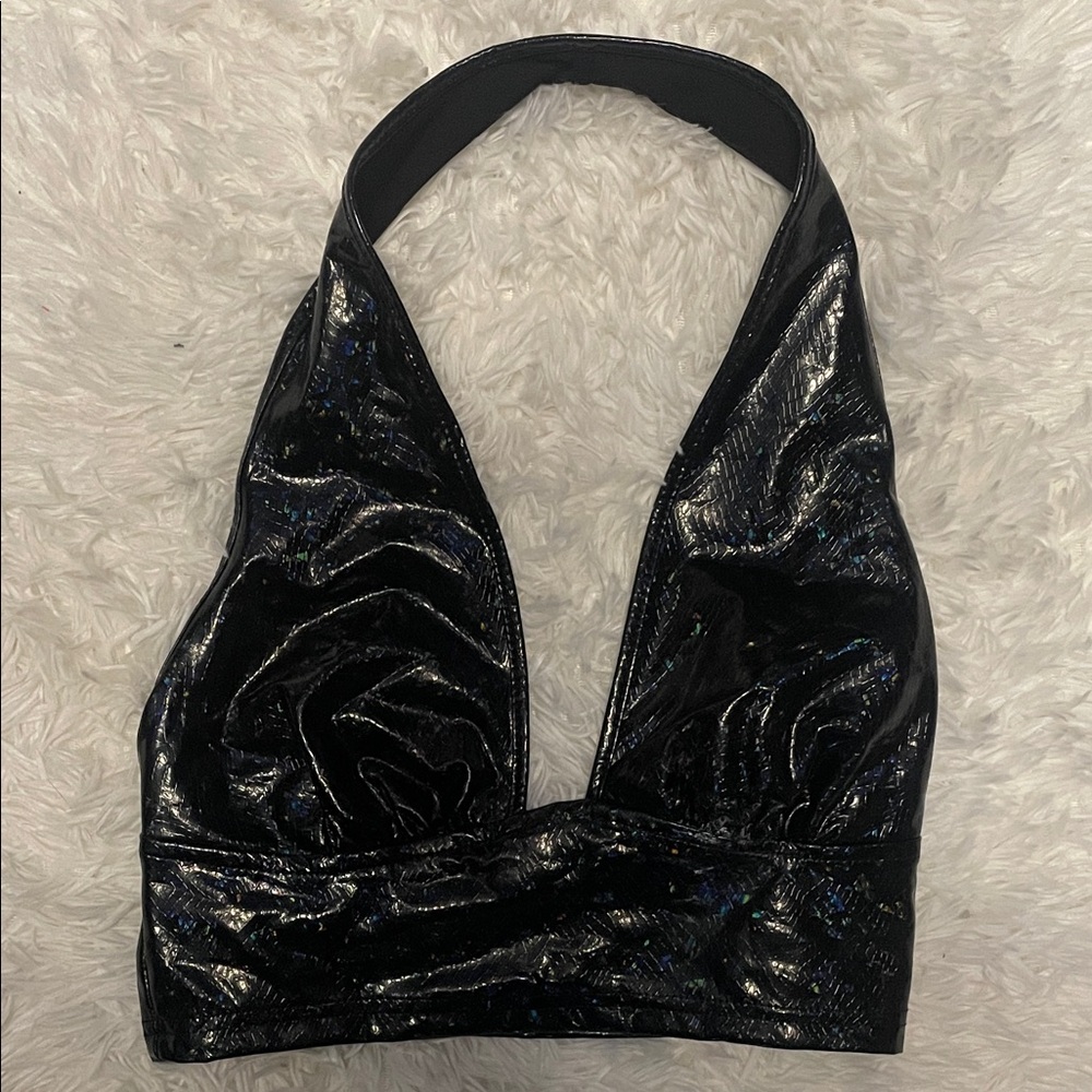 Shiny Black Halter Crop Top